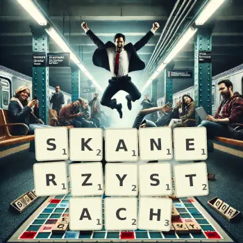 Kreatywna ilustracja do gry w Scrabble ze słowem SKANERZYSTACH ułożonym z płytek na planszy.