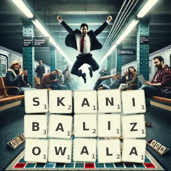Kreatywna ilustracja do gry w Scrabble ze słowem SKANIBALIZOWALA ułożonym z płytek na planszy.