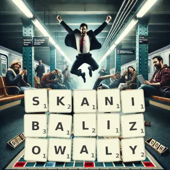 Kreatywna ilustracja do gry w Scrabble ze słowem SKANIBALIZOWALY ułożonym z płytek na planszy.