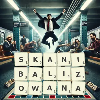 Kreatywna ilustracja do gry w Scrabble ze słowem SKANIBALIZOWANA ułożonym z płytek na planszy.