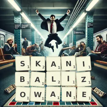 Kreatywna ilustracja do gry w Scrabble ze słowem SKANIBALIZOWANE ułożonym z płytek na planszy.