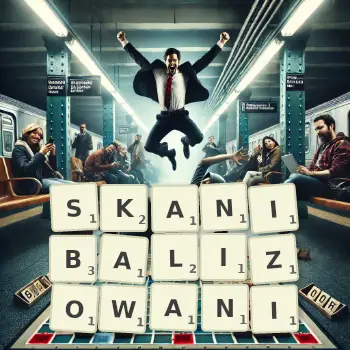 Kreatywna ilustracja do gry w Scrabble ze słowem SKANIBALIZOWANI ułożonym z płytek na planszy.