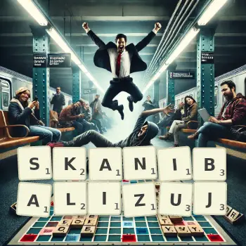Kreatywna ilustracja do gry w Scrabble ze słowem SKANIBALIZUJ ułożonym z płytek na planszy.