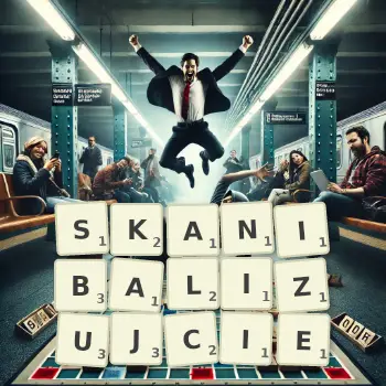 Kreatywna ilustracja do gry w Scrabble ze słowem SKANIBALIZUJCIE ułożonym z płytek na planszy.