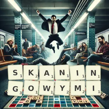 Kreatywna ilustracja do gry w Scrabble ze słowem SKANINGOWYMI ułożonym z płytek na planszy.