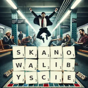 Kreatywna ilustracja do gry w Scrabble ze słowem SKANOWALIBYSCIE ułożonym z płytek na planszy.