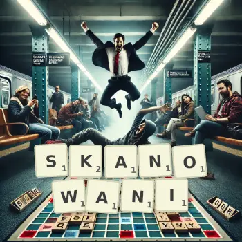 Kreatywna ilustracja do gry w Scrabble ze słowem SKANOWANI ułożonym z płytek na planszy.