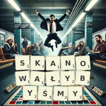 Kreatywna ilustracja do gry w Scrabble ze słowem SKANOWAŁYBYŚMY ułożonym z płytek na planszy.