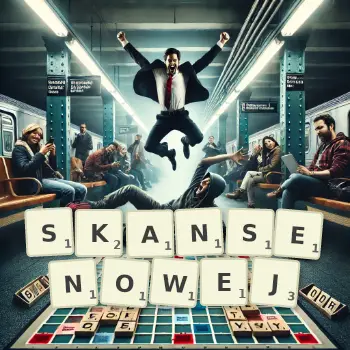 Kreatywna ilustracja do gry w Scrabble ze słowem SKANSENOWEJ ułożonym z płytek na planszy.