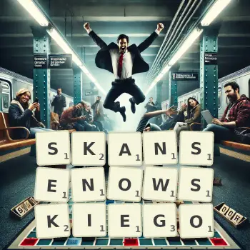 Kreatywna ilustracja do gry w Scrabble ze słowem SKANSENOWSKIEGO ułożonym z płytek na planszy.