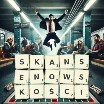 Kreatywna ilustracja do gry w Scrabble ze słowem SKANSENOWSKOŚCI ułożonym z płytek na planszy.