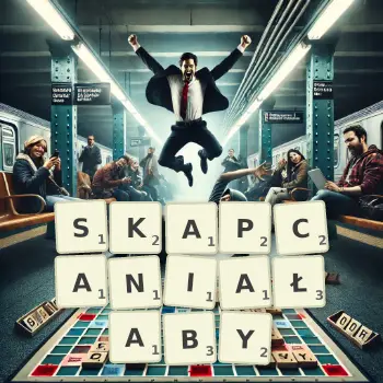 Kreatywna ilustracja do gry w Scrabble ze słowem SKAPCANIAŁABY ułożonym z płytek na planszy.