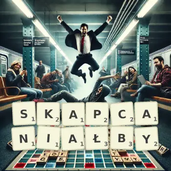 Kreatywna ilustracja do gry w Scrabble ze słowem SKAPCANIAŁBY ułożonym z płytek na planszy.