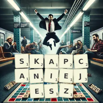 Kreatywna ilustracja do gry w Scrabble ze słowem SKAPCANIEJESZ ułożonym z płytek na planszy.