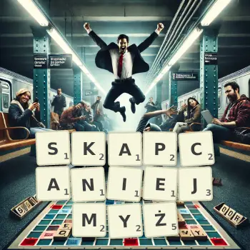 Kreatywna ilustracja do gry w Scrabble ze słowem SKAPCANIEJMYŻ ułożonym z płytek na planszy.