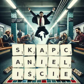 Kreatywna ilustracja do gry w Scrabble ze słowem SKAPCANIELIŚCIE ułożonym z płytek na planszy.