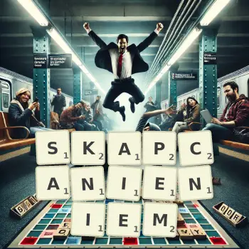 Kreatywna ilustracja do gry w Scrabble ze słowem SKAPCANIENIEM ułożonym z płytek na planszy.