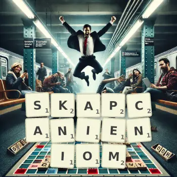 Kreatywna ilustracja do gry w Scrabble ze słowem SKAPCANIENIOM ułożonym z płytek na planszy.