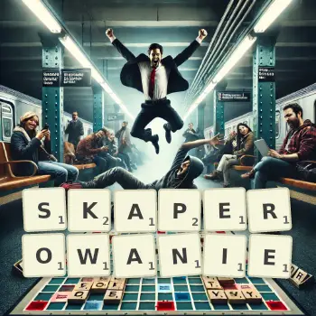 Kreatywna ilustracja do gry w Scrabble ze słowem SKAPEROWANIE ułożonym z płytek na planszy.
