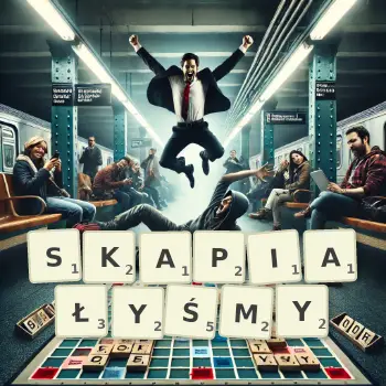 Kreatywna ilustracja do gry w Scrabble ze słowem SKAPIAŁYŚMY ułożonym z płytek na planszy.