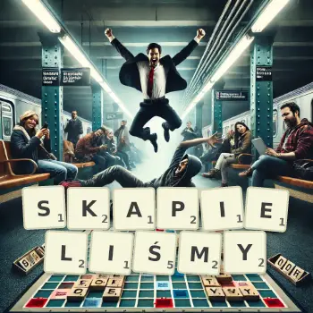 Kreatywna ilustracja do gry w Scrabble ze słowem SKAPIELIŚMY ułożonym z płytek na planszy.