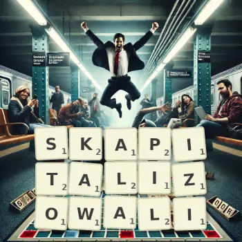 Kreatywna ilustracja do gry w Scrabble ze słowem SKAPITALIZOWALI ułożonym z płytek na planszy.