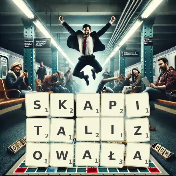 Kreatywna ilustracja do gry w Scrabble ze słowem SKAPITALIZOWAŁA ułożonym z płytek na planszy.