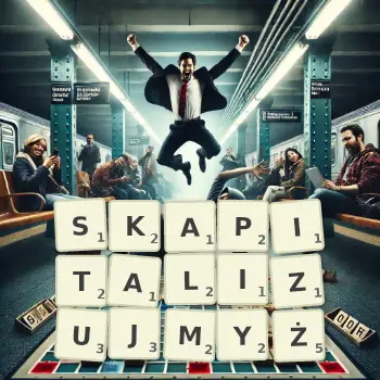 Kreatywna ilustracja do gry w Scrabble ze słowem SKAPITALIZUJMYŻ ułożonym z płytek na planszy.