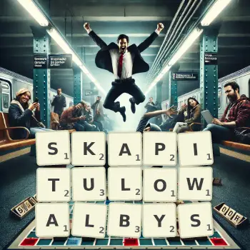 Kreatywna ilustracja do gry w Scrabble ze słowem SKAPITULOWALBYS ułożonym z płytek na planszy.