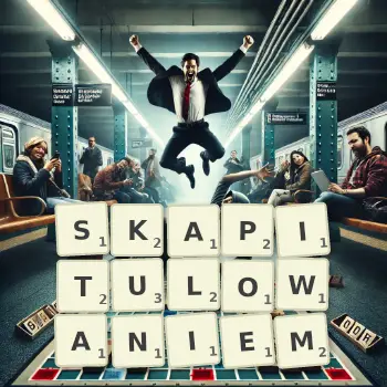 Kreatywna ilustracja do gry w Scrabble ze słowem SKAPITULOWANIEM ułożonym z płytek na planszy.