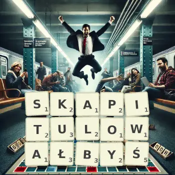 Kreatywna ilustracja do gry w Scrabble ze słowem SKAPITULOWAŁBYŚ ułożonym z płytek na planszy.