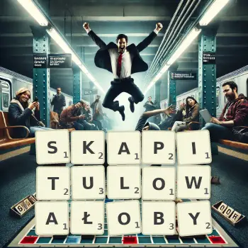 Kreatywna ilustracja do gry w Scrabble ze słowem SKAPITULOWAŁOBY ułożonym z płytek na planszy.