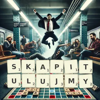 Kreatywna ilustracja do gry w Scrabble ze słowem SKAPITULUJMY ułożonym z płytek na planszy.