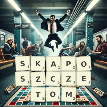 Kreatywna ilustracja do gry w Scrabble ze słowem SKAPOSZCZETOM ułożonym z płytek na planszy.