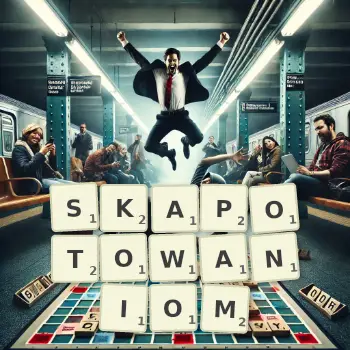 Kreatywna ilustracja do gry w Scrabble ze słowem SKAPOTOWANIOM ułożonym z płytek na planszy.