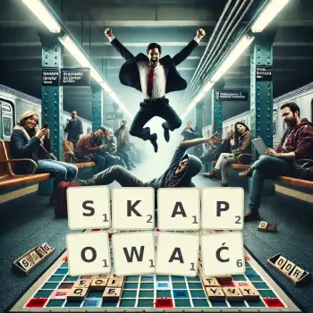Kreatywna ilustracja do gry w Scrabble ze słowem SKAPOWAĆ ułożonym z płytek na planszy.