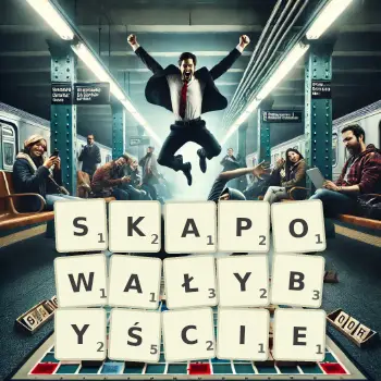 Kreatywna ilustracja do gry w Scrabble ze słowem SKAPOWAŁYBYŚCIE ułożonym z płytek na planszy.