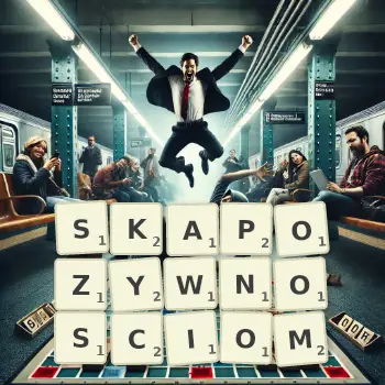 Kreatywna ilustracja do gry w Scrabble ze słowem SKAPOZYWNOSCIOM ułożonym z płytek na planszy.