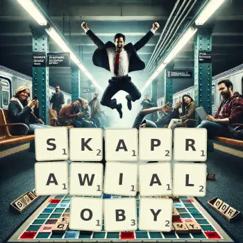 Kreatywna ilustracja do gry w Scrabble ze słowem SKAPRAWIALOBY ułożonym z płytek na planszy.