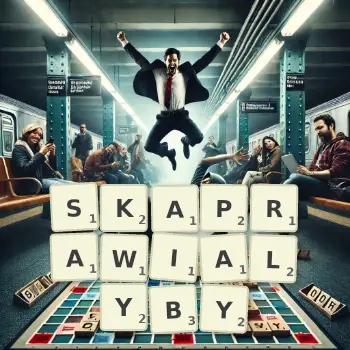 Kreatywna ilustracja do gry w Scrabble ze słowem SKAPRAWIALYBY ułożonym z płytek na planszy.