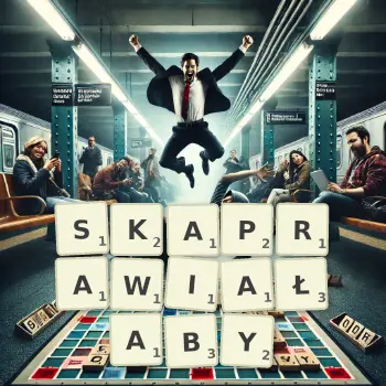 Kreatywna ilustracja do gry w Scrabble ze słowem SKAPRAWIAŁABY ułożonym z płytek na planszy.