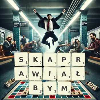 Kreatywna ilustracja do gry w Scrabble ze słowem SKAPRAWIAŁBYM ułożonym z płytek na planszy.