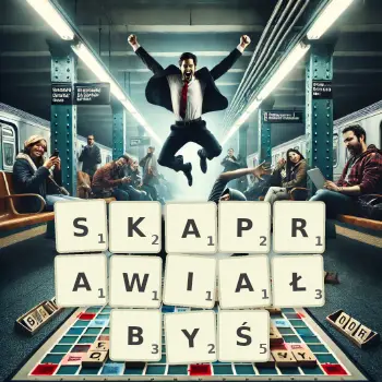 Kreatywna ilustracja do gry w Scrabble ze słowem SKAPRAWIAŁBYŚ ułożonym z płytek na planszy.