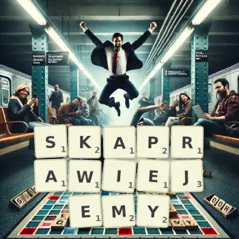 Kreatywna ilustracja do gry w Scrabble ze słowem SKAPRAWIEJEMY ułożonym z płytek na planszy.