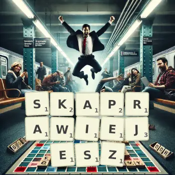 Kreatywna ilustracja do gry w Scrabble ze słowem SKAPRAWIEJESZ ułożonym z płytek na planszy.