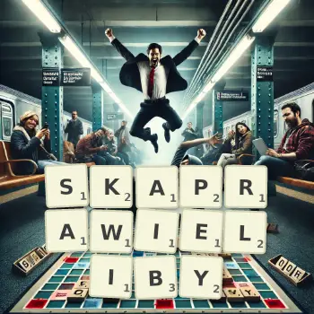 Kreatywna ilustracja do gry w Scrabble ze słowem SKAPRAWIELIBY ułożonym z płytek na planszy.