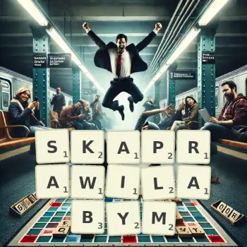 Kreatywna ilustracja do gry w Scrabble ze słowem SKAPRAWILABYM ułożonym z płytek na planszy.