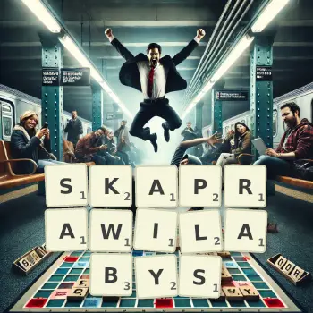 Kreatywna ilustracja do gry w Scrabble ze słowem SKAPRAWILABYS ułożonym z płytek na planszy.