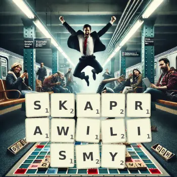 Kreatywna ilustracja do gry w Scrabble ze słowem SKAPRAWILISMY ułożonym z płytek na planszy.