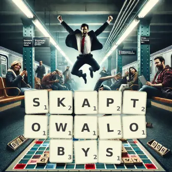 Kreatywna ilustracja do gry w Scrabble ze słowem SKAPTOWALOBYS ułożonym z płytek na planszy.